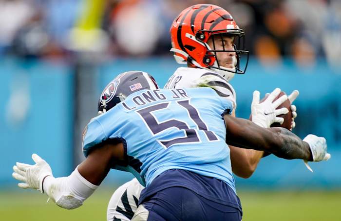Tennessee Titans linebacker David Long Jr. (51) breaks up a pass intended for Cincinnati Bengals wide receiver Trent Taylor (11) during the third quarter at Nissan Stadium Sunday, Nov. 27, 2022, in Nashville, Tenn.